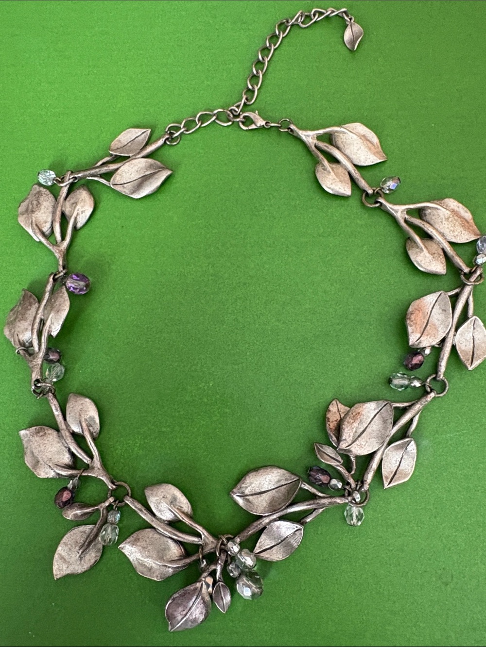 Leaf Vine Statement Necklace in Silver with Purple & Clear Accents